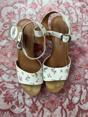 Lucky Brand Floral Platform Sandals Cream Boho Clog Heels